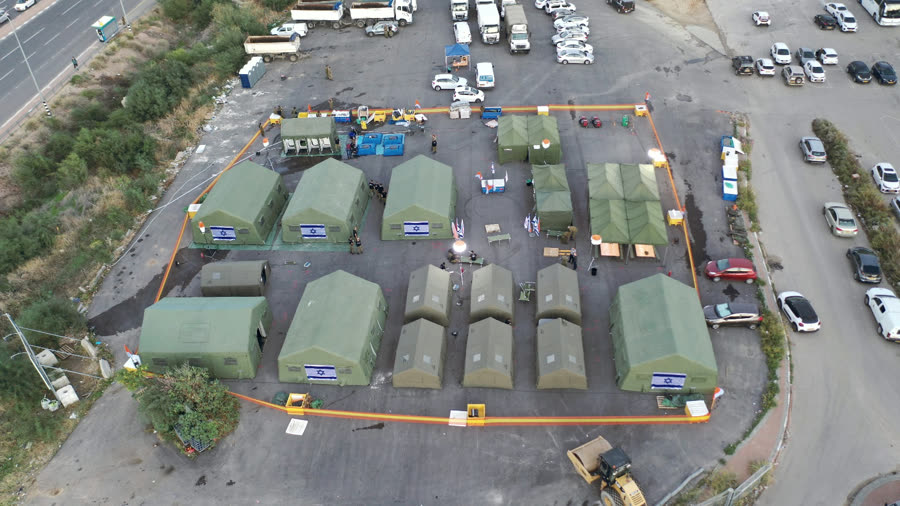 Aerial view of a shelter camp deployed for the IDF
